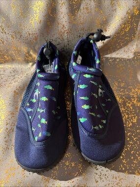 Kids Navy Water Shoes with Green Fish Print - Slip-On Aqua Socks